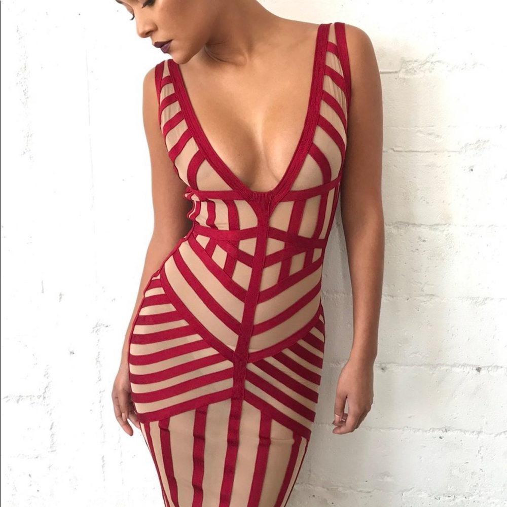 'Genevieve' Crimson Bandage and Beige Mesh Dress